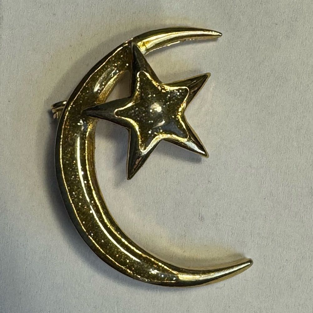 Gold color Crescent Moon and Star Brooch
